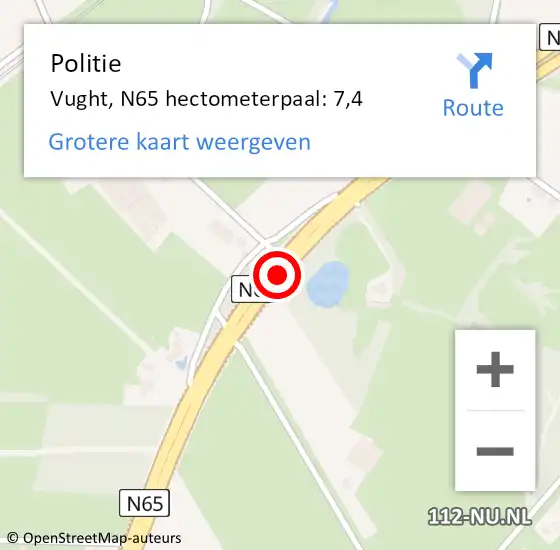 Locatie op kaart van de 112 melding: Politie Vught, N65 hectometerpaal: 7,4 op 11 oktober 2024 05:13