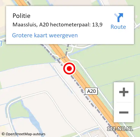 Locatie op kaart van de 112 melding: Politie Maassluis, A20 hectometerpaal: 13,9 op 11 oktober 2024 05:40