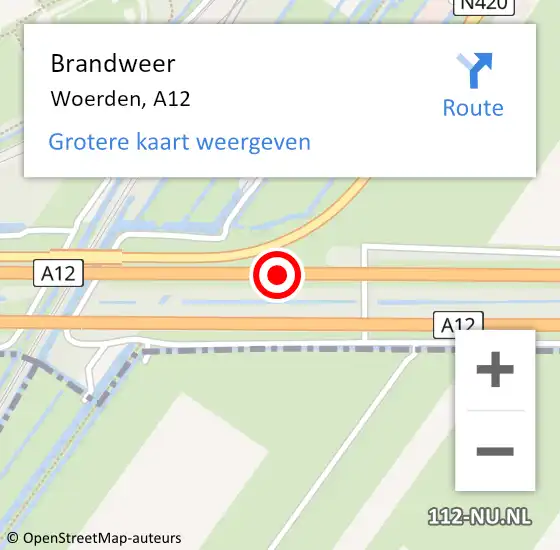 Locatie op kaart van de 112 melding: Brandweer Woerden, A12 op 23 oktober 2014 03:24