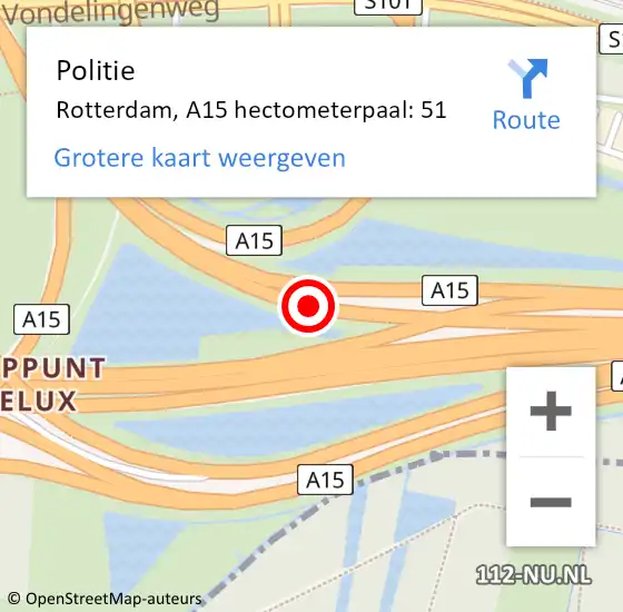 Locatie op kaart van de 112 melding: Politie Rotterdam, A15 hectometerpaal: 51 op 11 oktober 2024 08:52