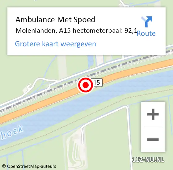 Locatie op kaart van de 112 melding: Ambulance Met Spoed Naar Molenlanden, A15 hectometerpaal: 92,1 op 11 oktober 2024 09:28