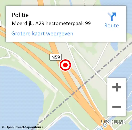 Locatie op kaart van de 112 melding: Politie Moerdijk, A29 hectometerpaal: 99 op 11 oktober 2024 09:49