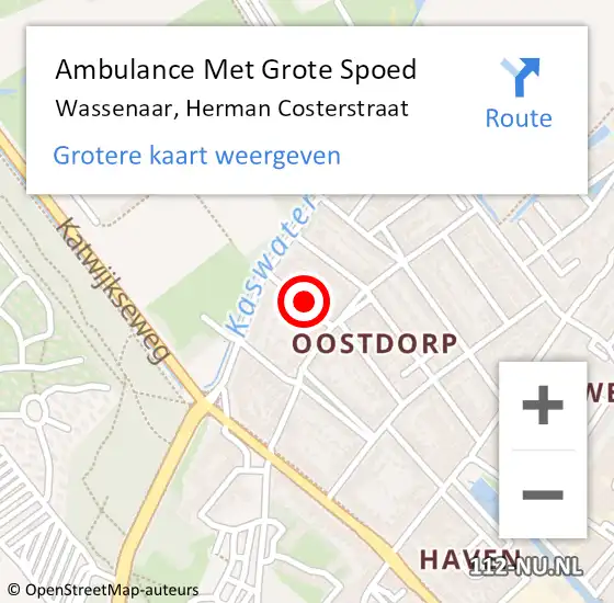 Locatie op kaart van de 112 melding: Ambulance Met Grote Spoed Naar Wassenaar, Herman Costerstraat op 11 oktober 2024 10:20