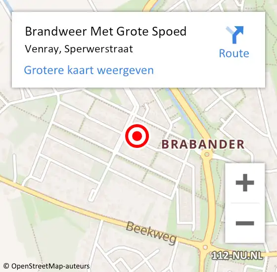 Locatie op kaart van de 112 melding: Brandweer Met Grote Spoed Naar Venray, Sperwerstraat op 11 oktober 2024 10:52