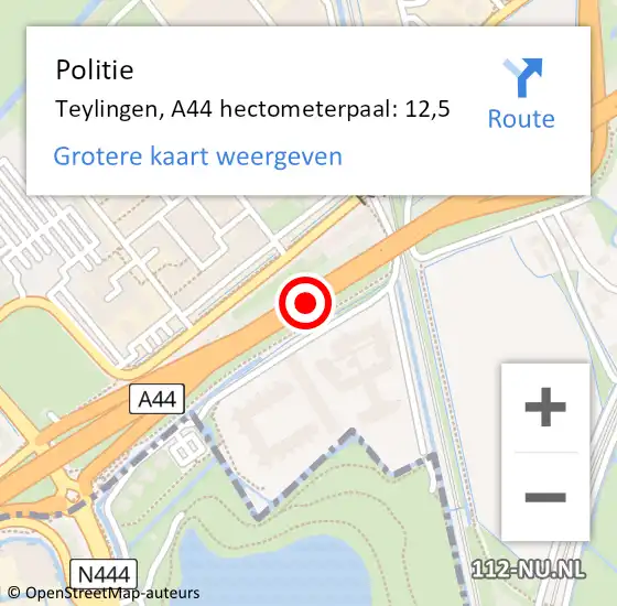 Locatie op kaart van de 112 melding: Politie Teylingen, A44 hectometerpaal: 12,5 op 11 oktober 2024 11:39