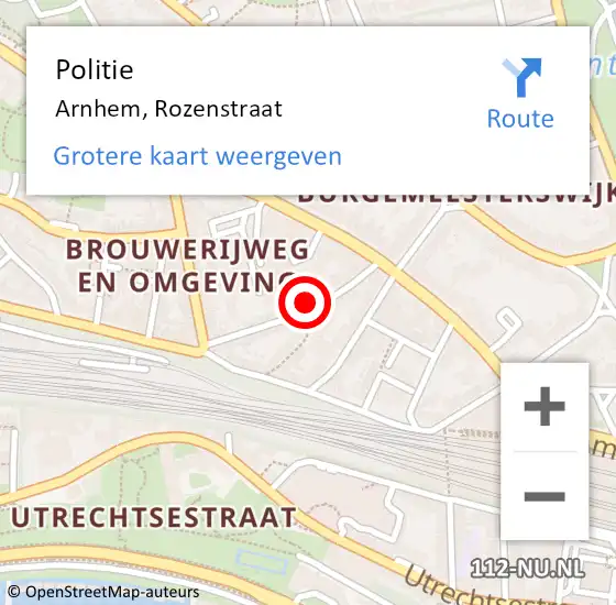 Locatie op kaart van de 112 melding: Politie Arnhem, Rozenstraat op 11 oktober 2024 11:42