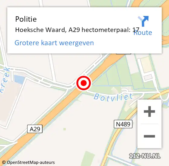 Locatie op kaart van de 112 melding: Politie Hoeksche Waard, A29 hectometerpaal: 17 op 11 oktober 2024 12:26