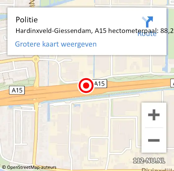 Locatie op kaart van de 112 melding: Politie Hardinxveld-Giessendam, A15 hectometerpaal: 88,2 op 11 oktober 2024 13:09