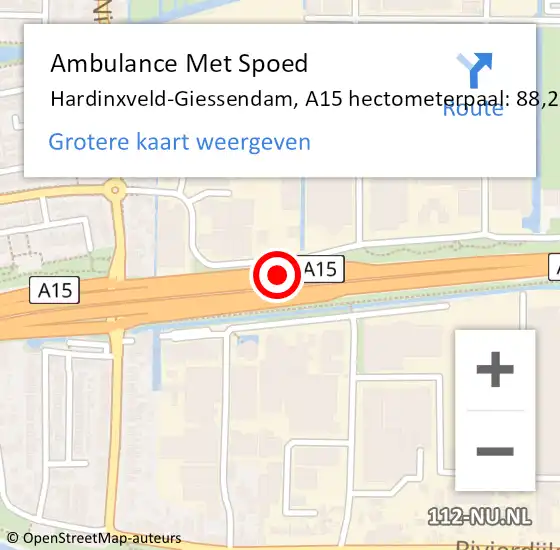 Locatie op kaart van de 112 melding: Ambulance Met Spoed Naar Hardinxveld-Giessendam, A15 hectometerpaal: 88,2 op 11 oktober 2024 13:11