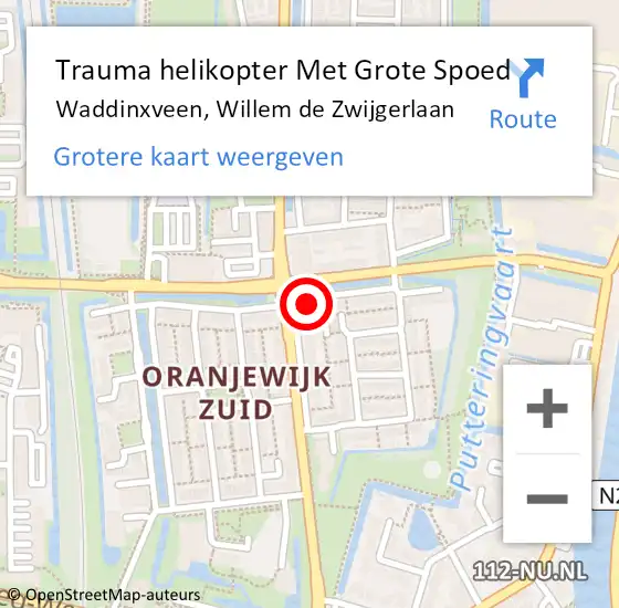 Locatie op kaart van de 112 melding: Trauma helikopter Met Grote Spoed Naar Waddinxveen, Willem de Zwijgerlaan op 11 oktober 2024 14:12