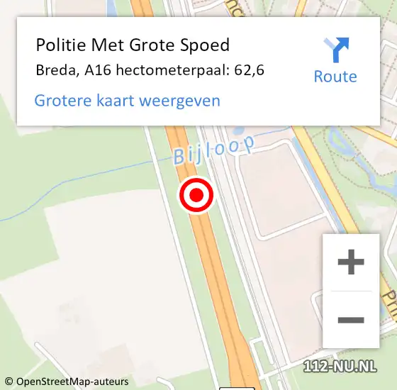 Locatie op kaart van de 112 melding: Politie Met Grote Spoed Naar Breda, A16 hectometerpaal: 62,6 op 11 oktober 2024 15:46