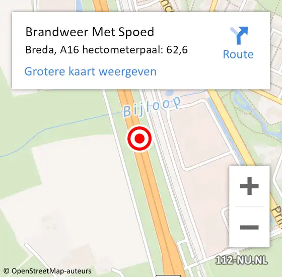 Locatie op kaart van de 112 melding: Brandweer Met Spoed Naar Breda, A16 hectometerpaal: 62,6 op 11 oktober 2024 15:52