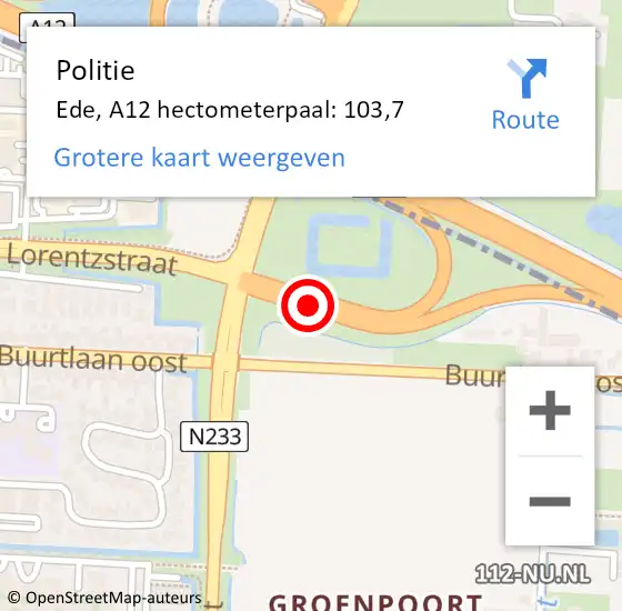 Locatie op kaart van de 112 melding: Politie Ede, A12 hectometerpaal: 103,7 op 11 oktober 2024 16:09