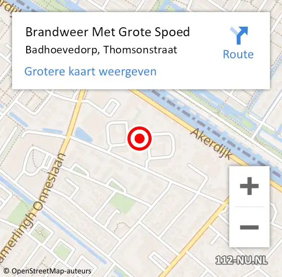 Locatie op kaart van de 112 melding: Brandweer Met Grote Spoed Naar Badhoevedorp, Thomsonstraat op 11 oktober 2024 16:26