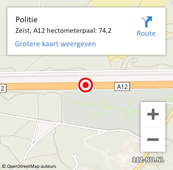 Locatie op kaart van de 112 melding: Politie Zeist, A12 hectometerpaal: 74,2 op 11 oktober 2024 17:17