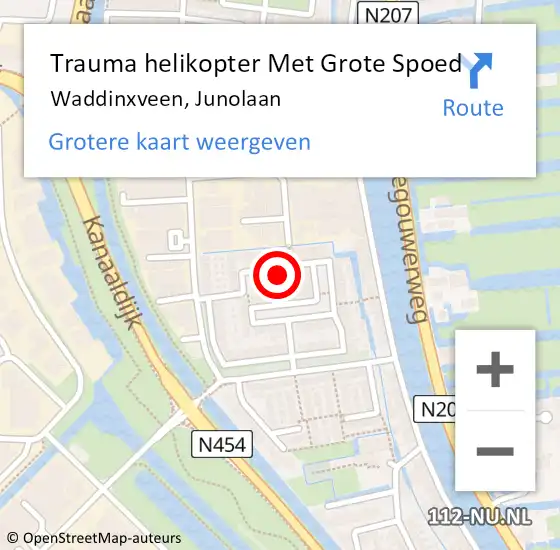 Locatie op kaart van de 112 melding: Trauma helikopter Met Grote Spoed Naar Waddinxveen, Junolaan op 11 oktober 2024 17:31