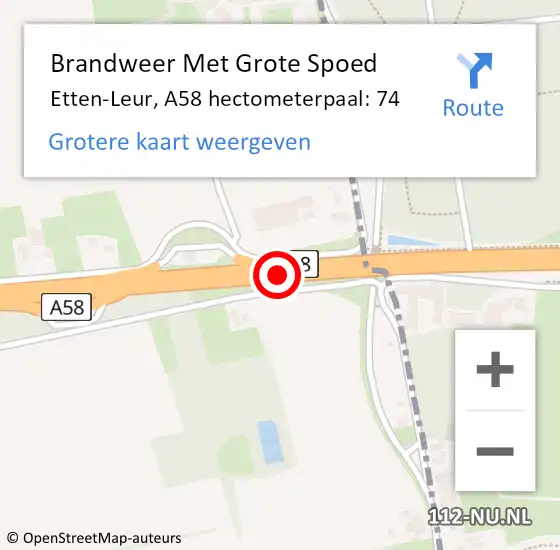 Locatie op kaart van de 112 melding: Brandweer Met Grote Spoed Naar Etten-Leur, A58 hectometerpaal: 74 op 11 oktober 2024 17:38