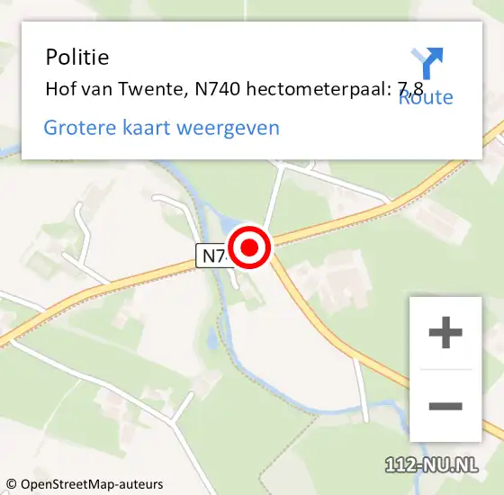 Locatie op kaart van de 112 melding: Politie Hof van Twente, N740 hectometerpaal: 7,8 op 11 oktober 2024 17:40