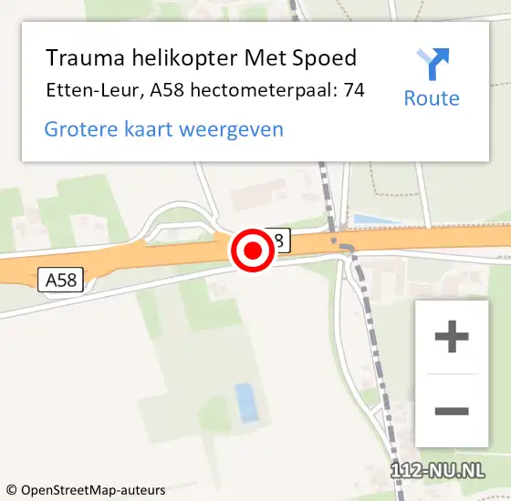 Locatie op kaart van de 112 melding: Trauma helikopter Met Spoed Naar Etten-Leur, A58 hectometerpaal: 74 op 11 oktober 2024 17:40