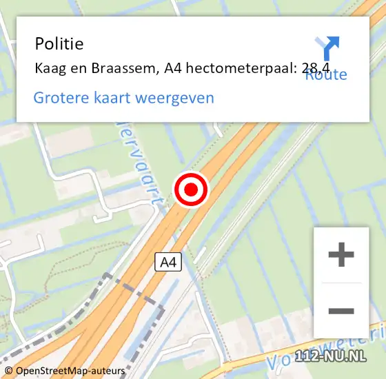 Locatie op kaart van de 112 melding: Politie Kaag en Braassem, A4 hectometerpaal: 28,4 op 11 oktober 2024 18:14