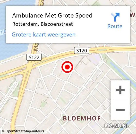 Locatie op kaart van de 112 melding: Ambulance Met Grote Spoed Naar Rotterdam, Blazoenstraat op 11 oktober 2024 18:46