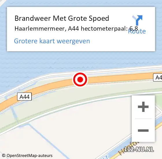 Locatie op kaart van de 112 melding: Brandweer Met Grote Spoed Naar Haarlemmermeer, A44 hectometerpaal: 6,8 op 11 oktober 2024 19:13