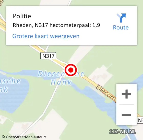 Locatie op kaart van de 112 melding: Politie Rheden, N317 hectometerpaal: 1,9 op 11 oktober 2024 19:59