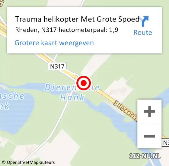 Locatie op kaart van de 112 melding: Trauma helikopter Met Grote Spoed Naar Rheden, N317 hectometerpaal: 1,9 op 11 oktober 2024 20:02