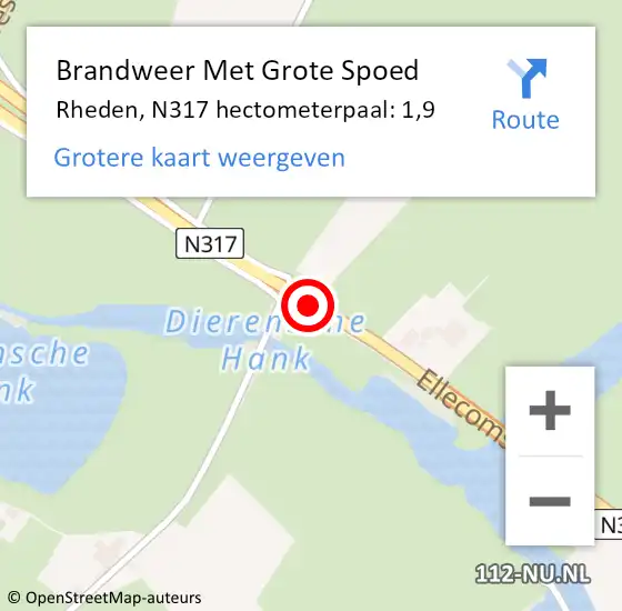 Locatie op kaart van de 112 melding: Brandweer Met Grote Spoed Naar Rheden, N317 hectometerpaal: 1,9 op 11 oktober 2024 20:05