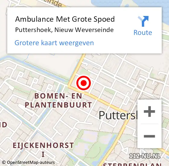 Locatie op kaart van de 112 melding: Ambulance Met Grote Spoed Naar Puttershoek, Nieuw Weverseinde op 11 oktober 2024 20:17