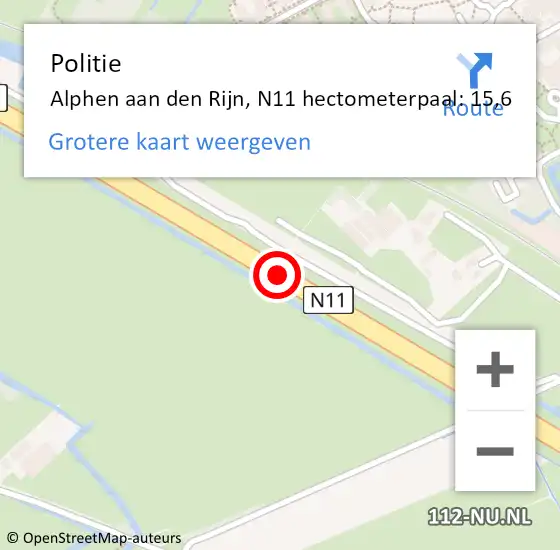 Locatie op kaart van de 112 melding: Politie Alphen aan den Rijn, N11 hectometerpaal: 15,6 op 11 oktober 2024 21:05