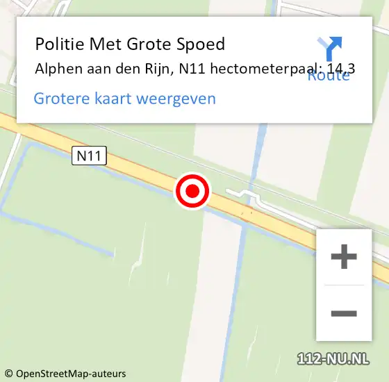 Locatie op kaart van de 112 melding: Politie Met Grote Spoed Naar Alphen aan den Rijn, N11 hectometerpaal: 14,3 op 11 oktober 2024 21:06