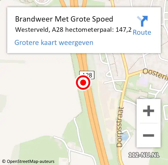 Locatie op kaart van de 112 melding: Brandweer Met Grote Spoed Naar Westerveld, A28 hectometerpaal: 147,2 op 11 oktober 2024 21:49