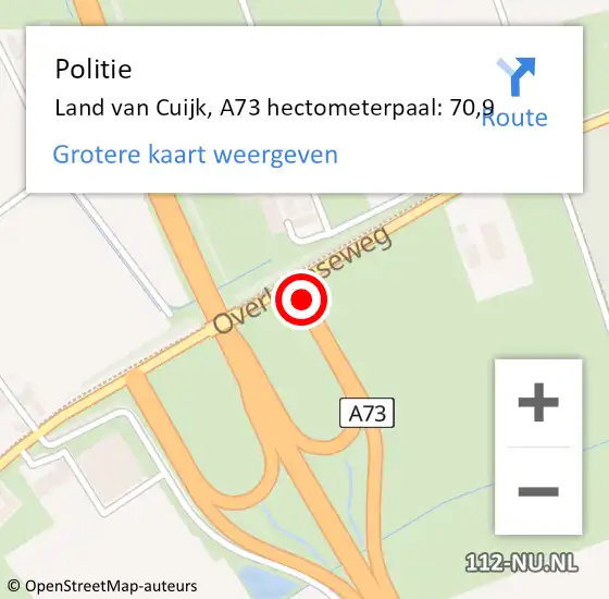 Locatie op kaart van de 112 melding: Politie Land van Cuijk, A73 hectometerpaal: 70,9 op 11 oktober 2024 21:57