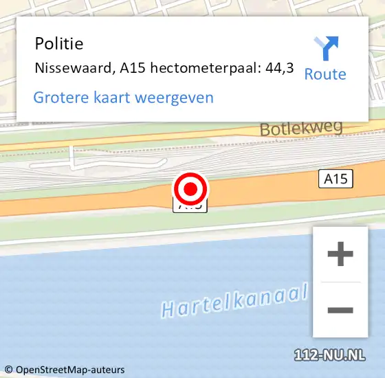 Locatie op kaart van de 112 melding: Politie Nissewaard, A15 hectometerpaal: 44,3 op 12 oktober 2024 06:05