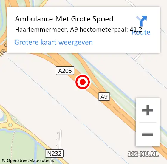 Locatie op kaart van de 112 melding: Ambulance Met Grote Spoed Naar Haarlemmermeer, A9 hectometerpaal: 41,2 op 12 oktober 2024 07:28