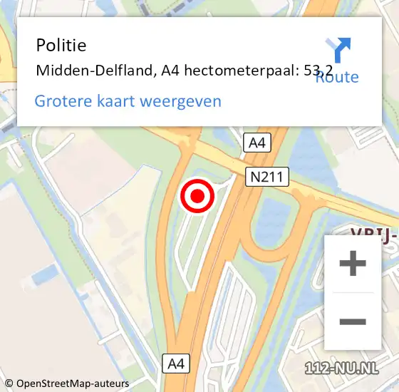 Locatie op kaart van de 112 melding: Politie Midden-Delfland, A4 hectometerpaal: 53,2 op 12 oktober 2024 08:07