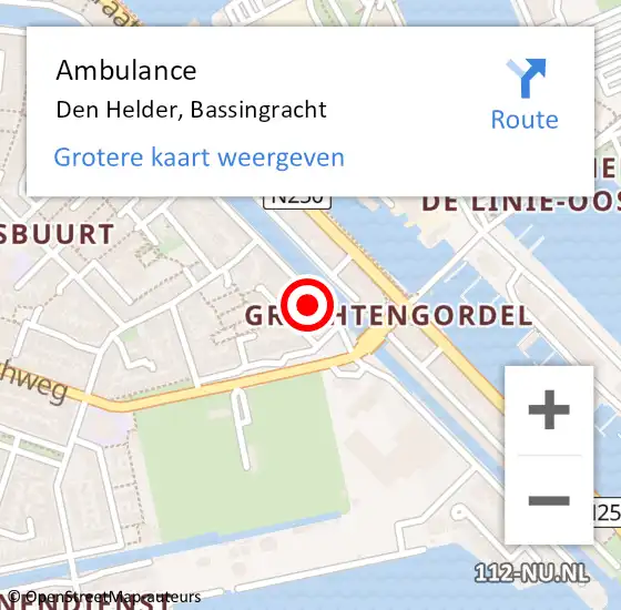 Locatie op kaart van de 112 melding: Ambulance Den Helder, Bassingracht op 12 oktober 2024 10:54