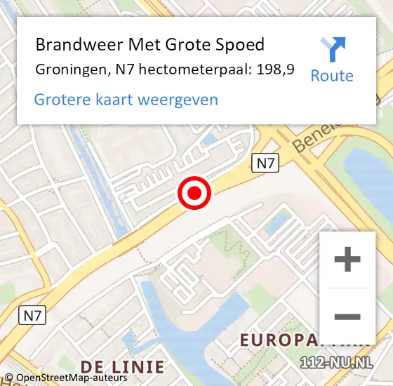 Locatie op kaart van de 112 melding: Brandweer Met Grote Spoed Naar Groningen, N7 hectometerpaal: 198,9 op 12 oktober 2024 12:09