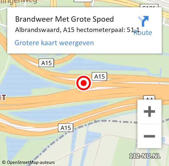 Locatie op kaart van de 112 melding: Brandweer Met Grote Spoed Naar Albrandswaard, A15 hectometerpaal: 51,1 op 12 oktober 2024 12:37