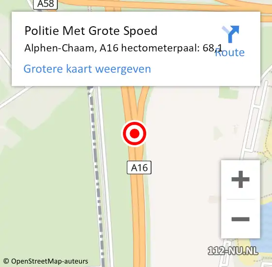 Locatie op kaart van de 112 melding: Politie Met Grote Spoed Naar Alphen-Chaam, A16 hectometerpaal: 68,1 op 12 oktober 2024 14:32