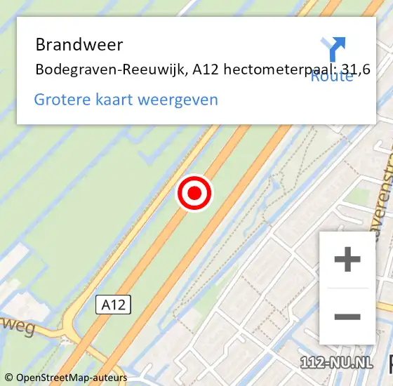 Locatie op kaart van de 112 melding: Brandweer Bodegraven-Reeuwijk, A12 hectometerpaal: 31,6 op 12 oktober 2024 15:14