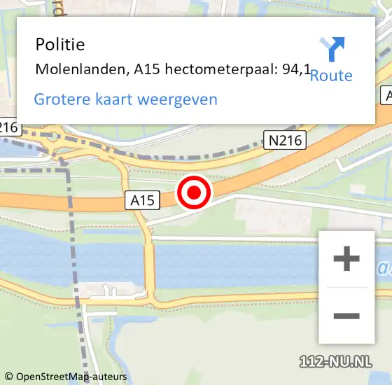 Locatie op kaart van de 112 melding: Politie Molenlanden, A15 hectometerpaal: 94,1 op 12 oktober 2024 15:32