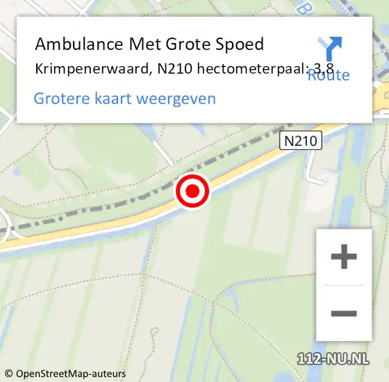 Locatie op kaart van de 112 melding: Ambulance Met Grote Spoed Naar Krimpenerwaard, N210 hectometerpaal: 3,8 op 12 oktober 2024 17:04