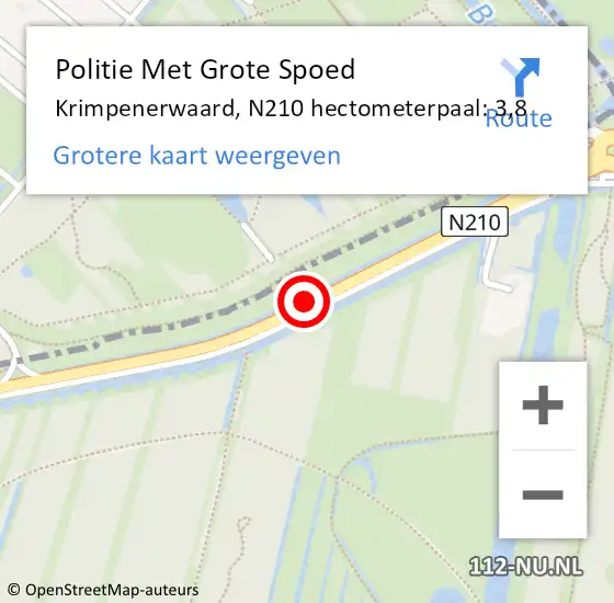 Locatie op kaart van de 112 melding: Politie Met Grote Spoed Naar Krimpenerwaard, N210 hectometerpaal: 3,8 op 12 oktober 2024 17:05