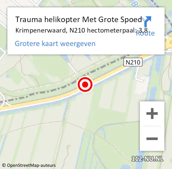 Locatie op kaart van de 112 melding: Trauma helikopter Met Grote Spoed Naar Krimpenerwaard, N210 hectometerpaal: 3,8 op 12 oktober 2024 17:15