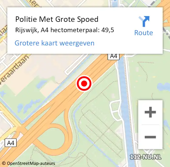 Locatie op kaart van de 112 melding: Politie Met Grote Spoed Naar Rijswijk, A4 hectometerpaal: 49,5 op 12 oktober 2024 17:56