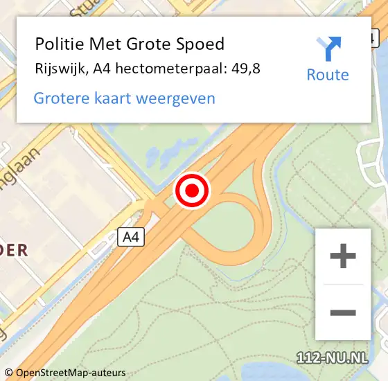 Locatie op kaart van de 112 melding: Politie Met Grote Spoed Naar Rijswijk, A4 hectometerpaal: 49,8 op 12 oktober 2024 17:59