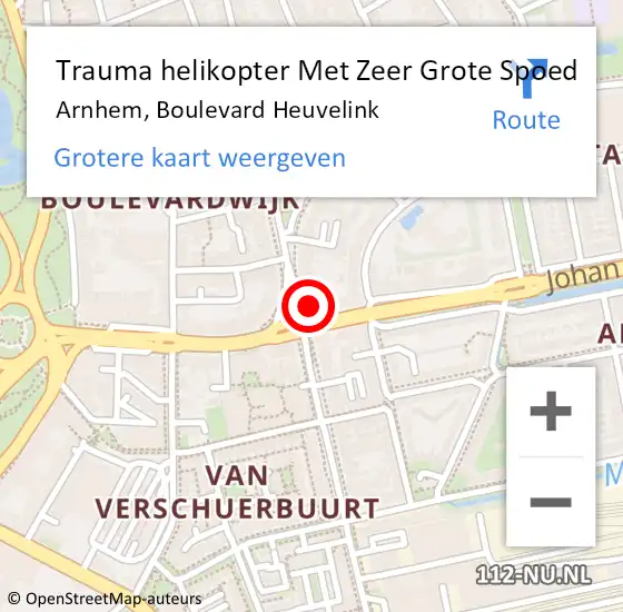 Locatie op kaart van de 112 melding: Trauma helikopter Met Zeer Grote Spoed Naar Arnhem, Boulevard Heuvelink op 12 oktober 2024 18:12