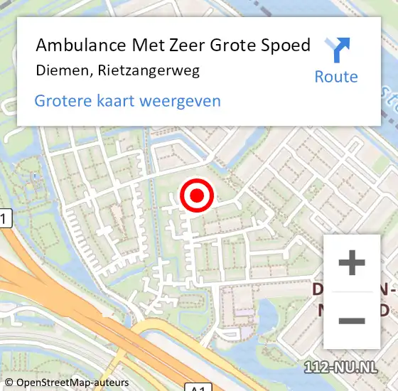 Locatie op kaart van de 112 melding: Ambulance Met Zeer Grote Spoed Naar Diemen, Rietzangerweg op 12 oktober 2024 19:40